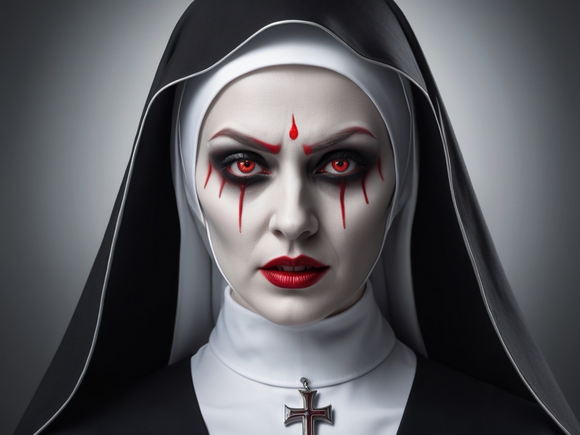 Dramatic Portrait of a Nun with Haunting Features