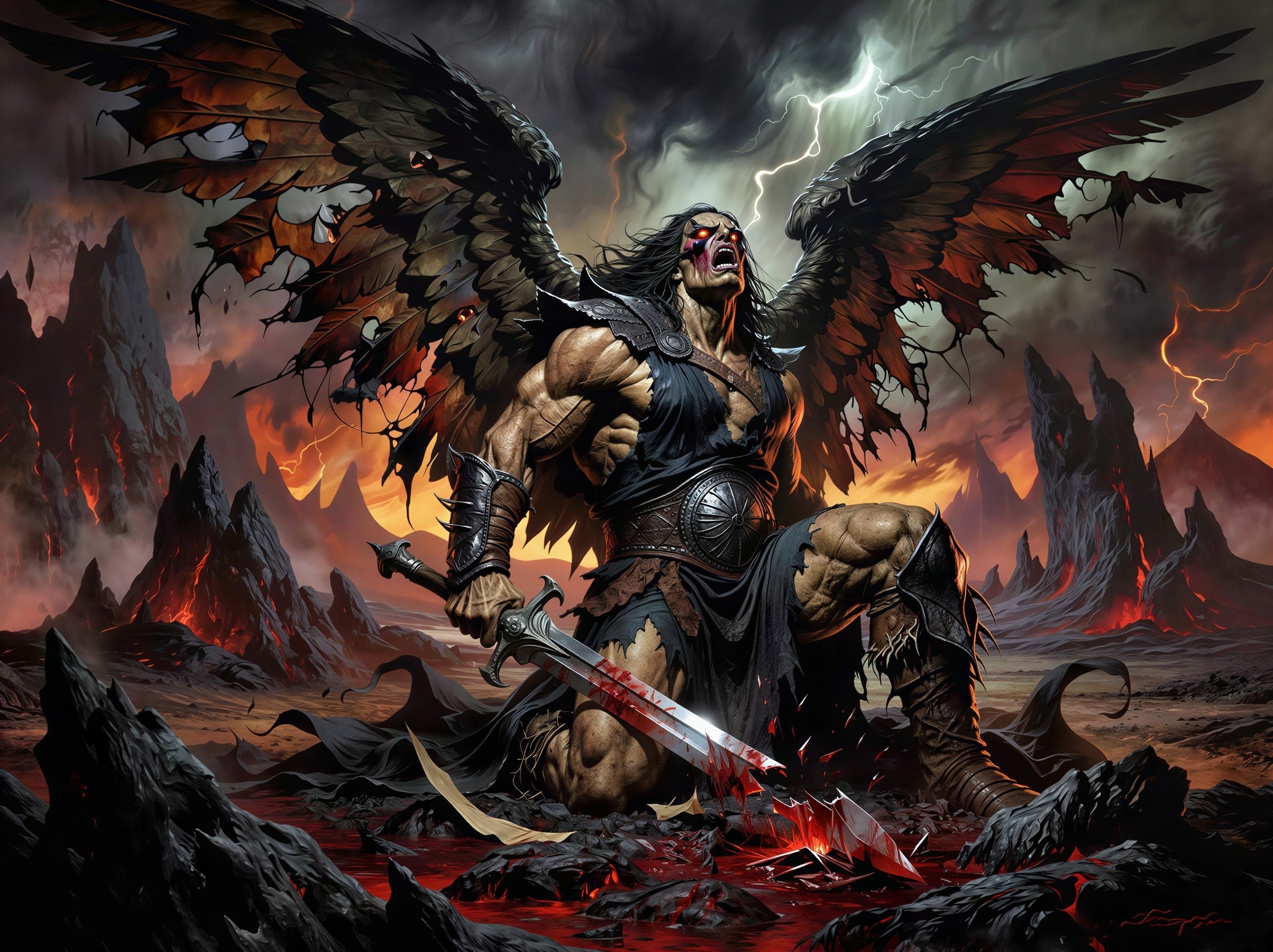 Muscular Barbarian Warrior in Fiery Apocalyptic Scene