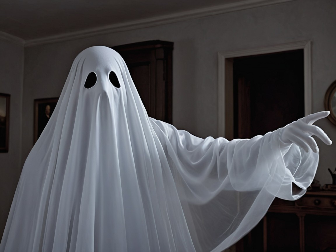 Ghost in a Dimly Lit Room with Raised Arm and Glove