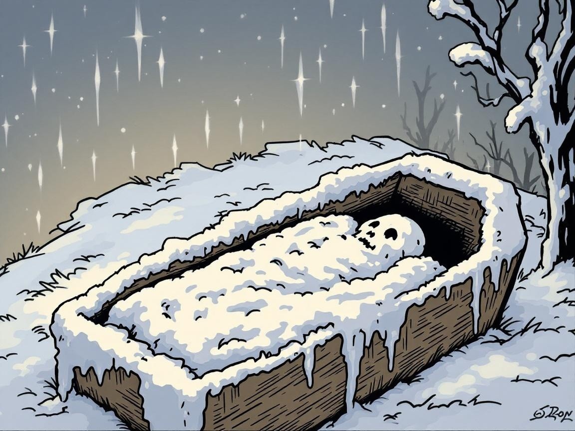 Snowy Scene with Wooden Coffin and Leafless Tree