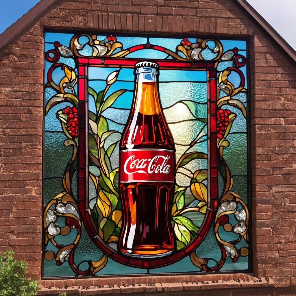 Vibrant Stained Glass Window with Coca-Cola Bottle Design