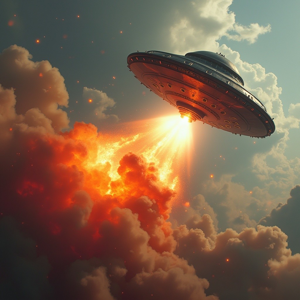 Futuristic UFO in Dramatic Sky with Flames and Smoke
