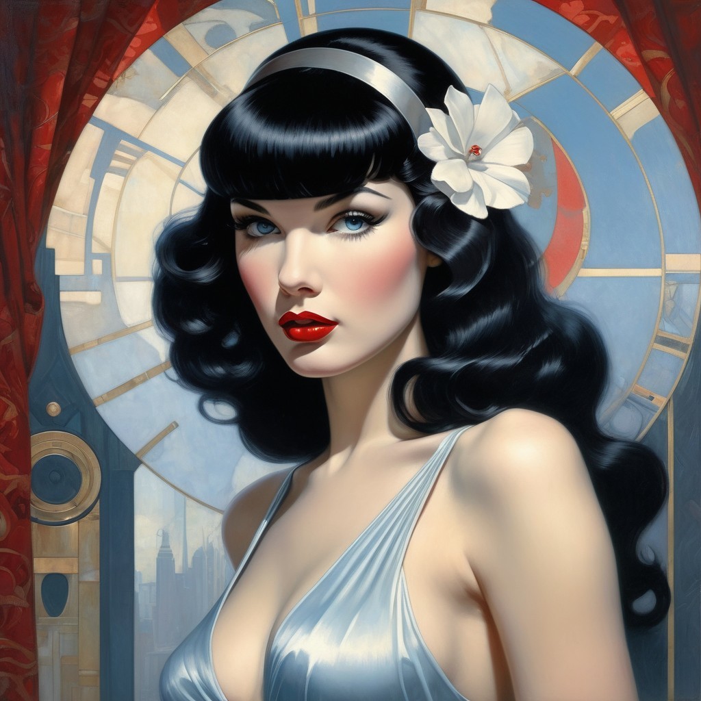 Elegant Woman in Silver Dress with Art Deco Background