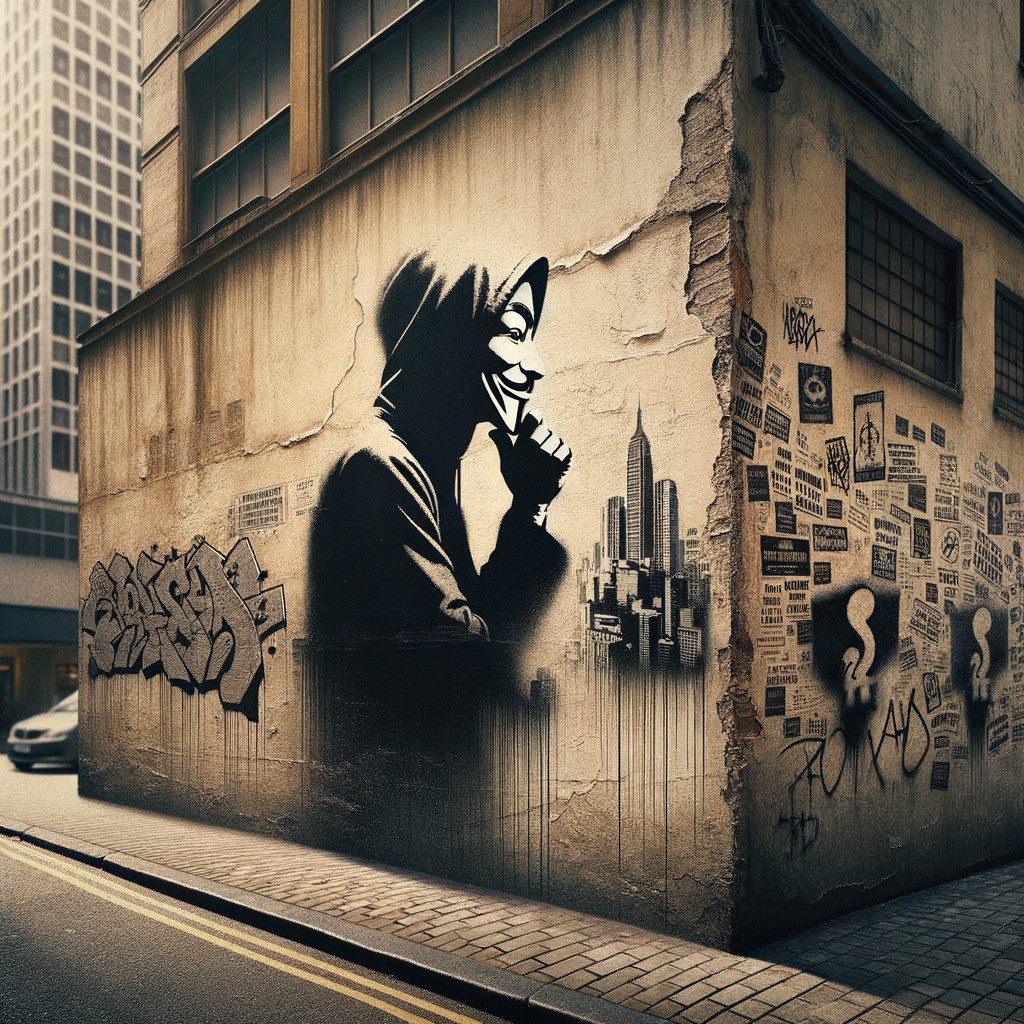 Street Art Mural Featuring Hooded Figure and Urban Texture