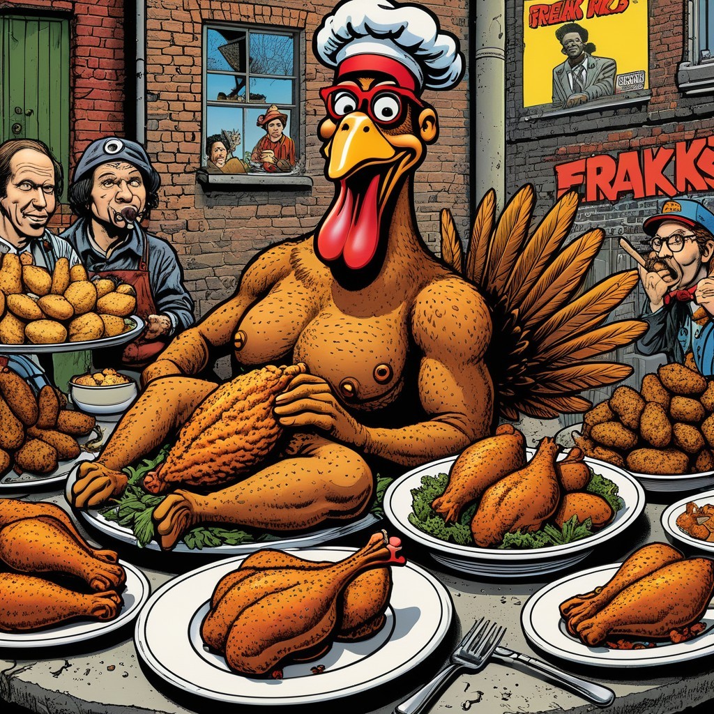 Muscular Chicken Chef Surrounded by Roasted Chickens