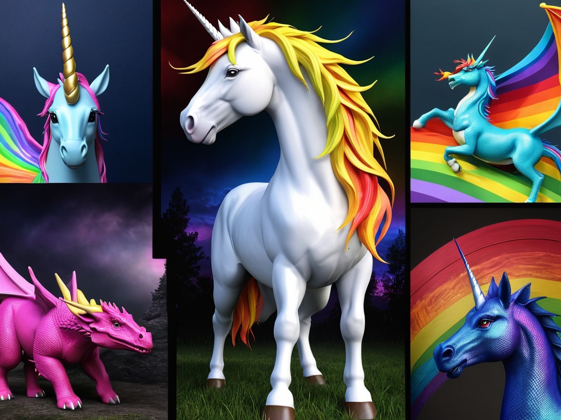 Vibrant Collage of Mythical Creatures and Unicorns