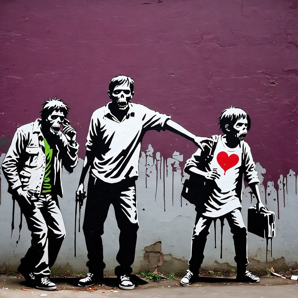 Vibrant Street Art Mural of Stylized Figures on Purple
