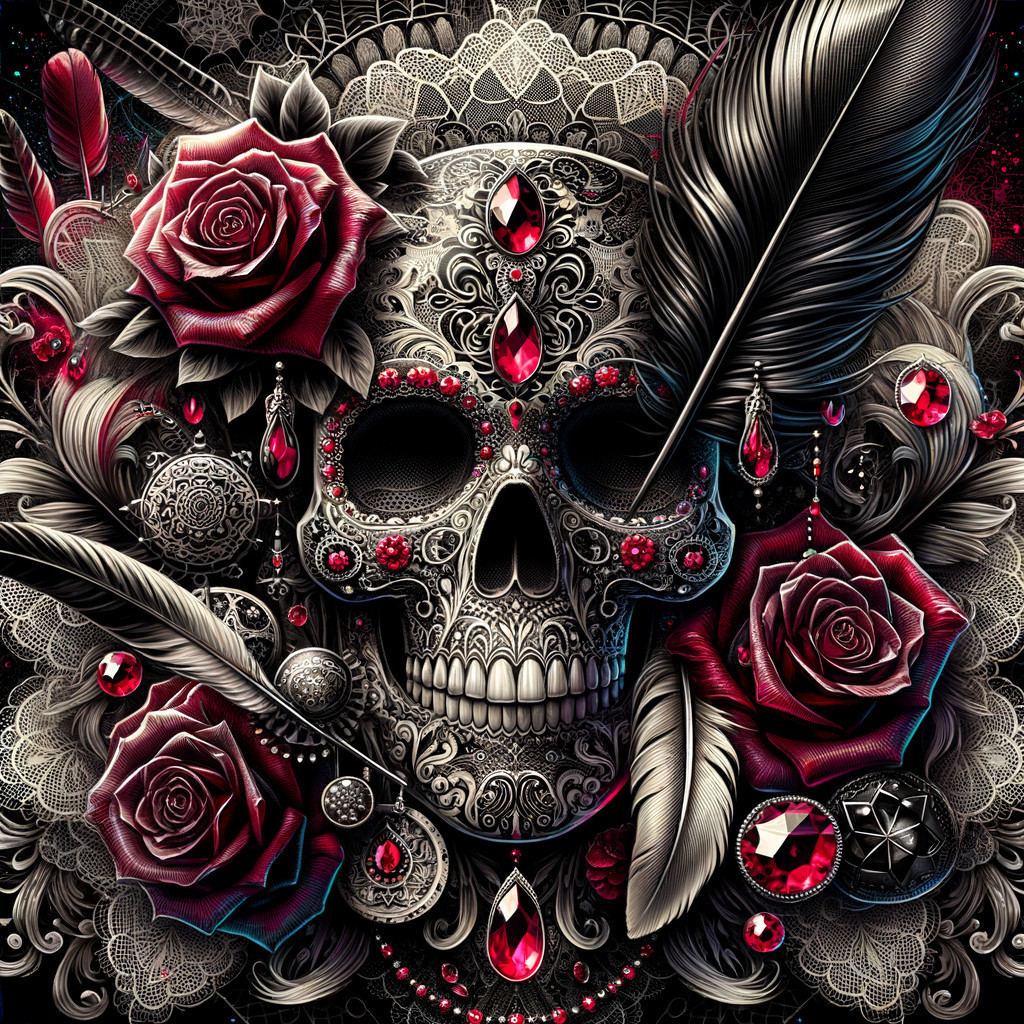 Ornate Skull with Roses and Jewels on Dark Background
