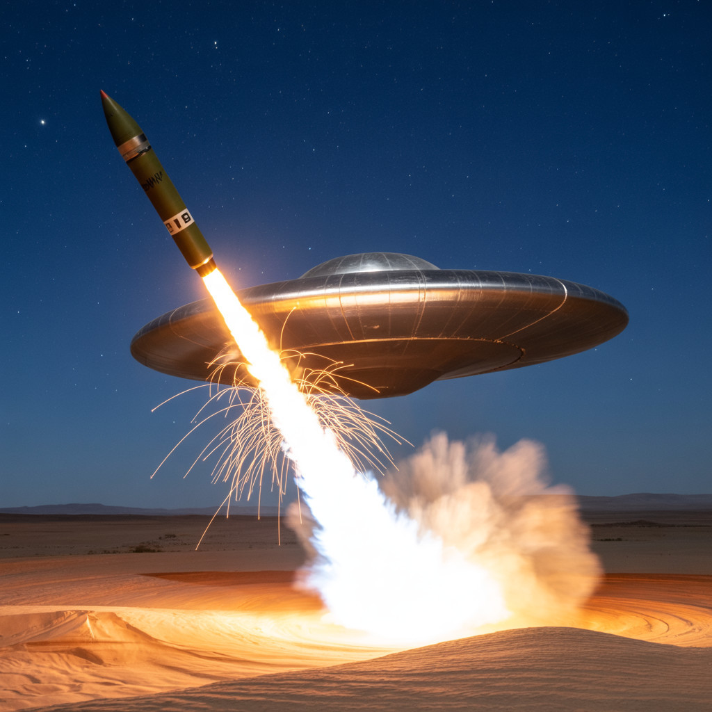 Surreal Desert Scene with UFO and Rocket Launch
