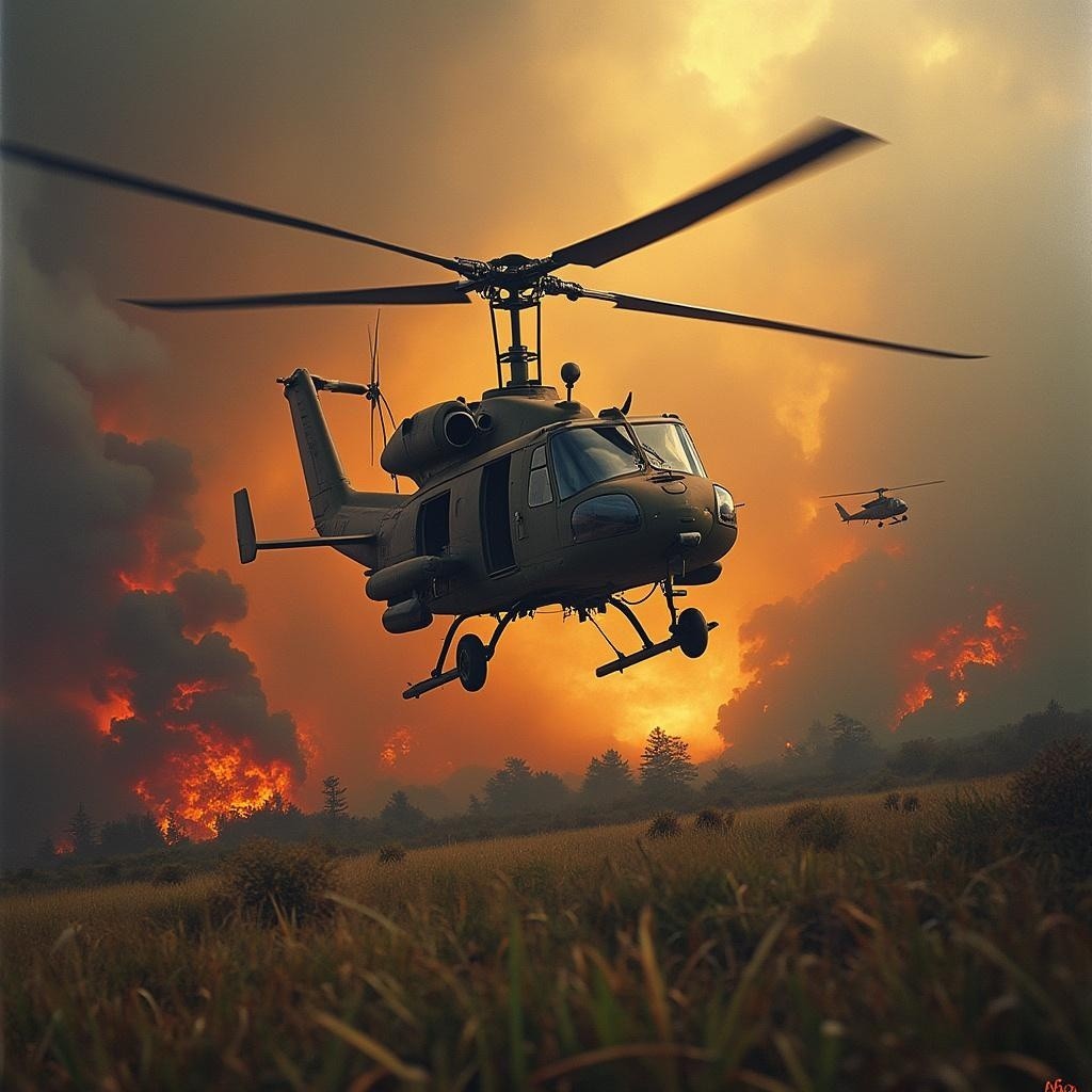 Military Helicopter Over Wildfire with Dramatic Sky