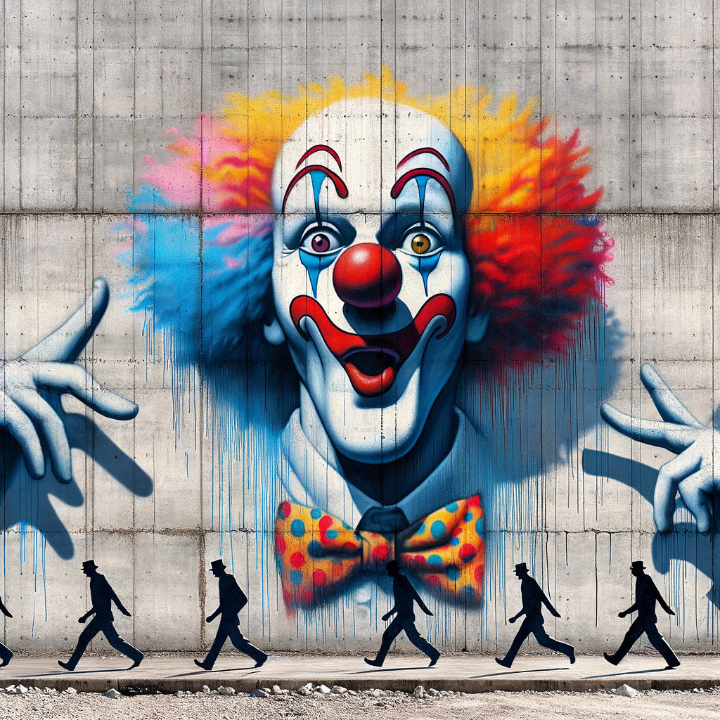 Colorful Mural of Clown with Silhouetted Figures