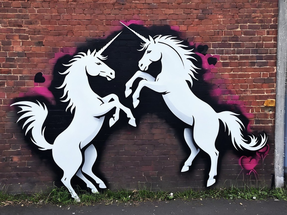Vibrant Mural of Unicorns with Hearts on Brick Wall