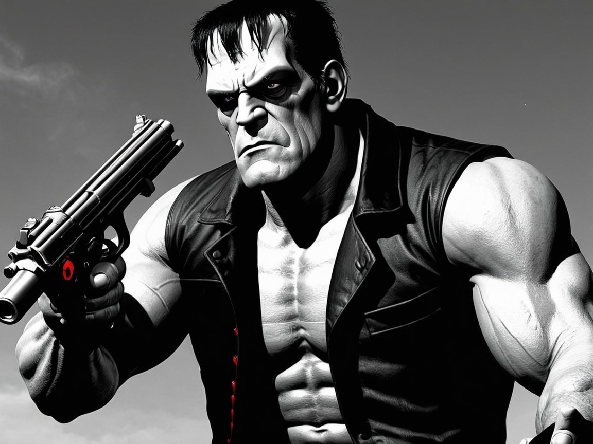 Muscular Character with Handgun in Dramatic Setting