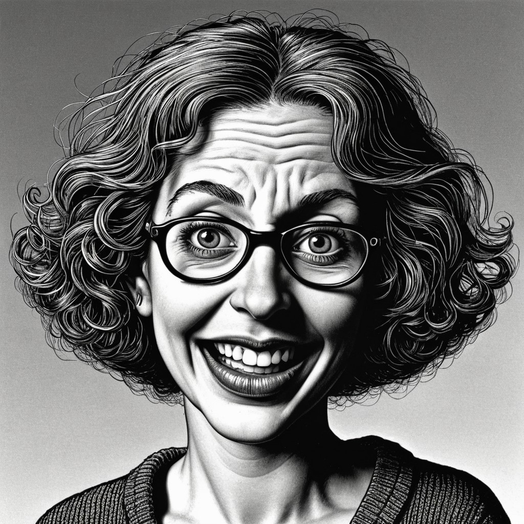 Cheerful Woman with Curly Hair and Glasses in Monochrome