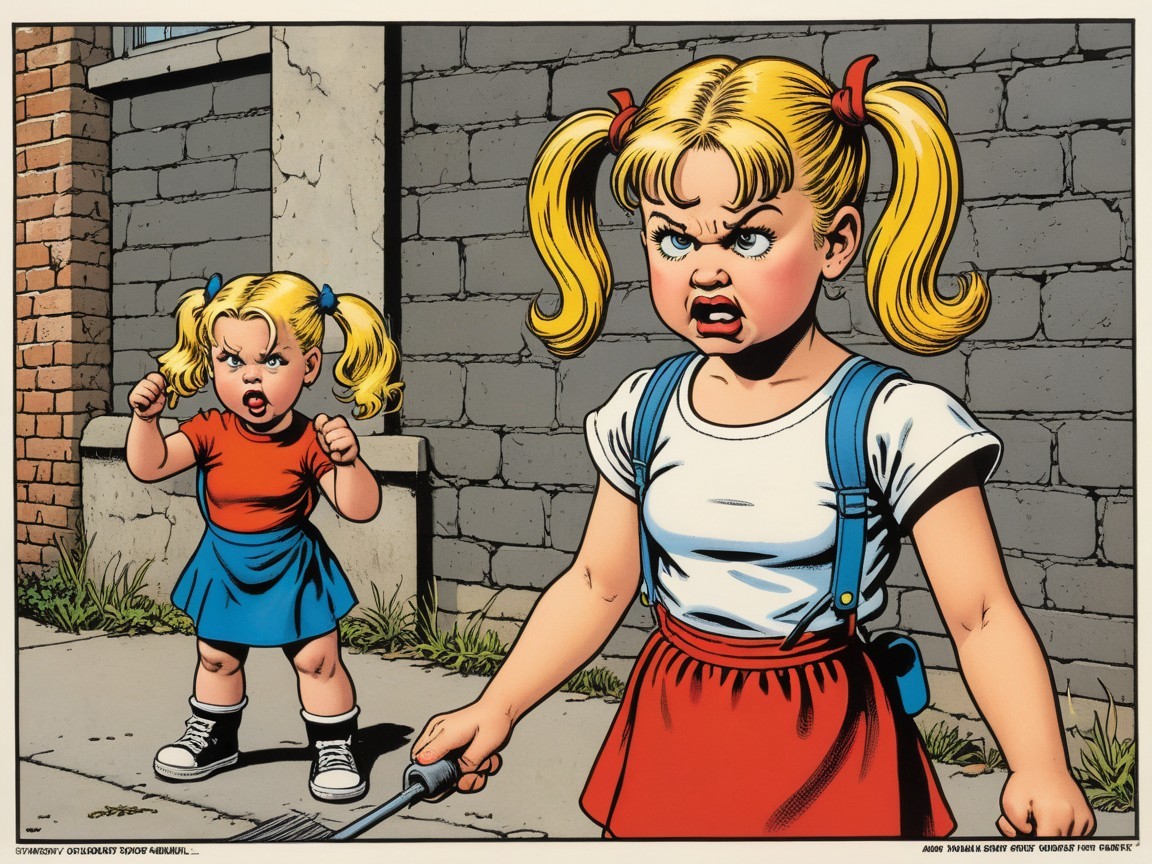 Cartoon Scene of Two Girls on a Sidewalk with Fork