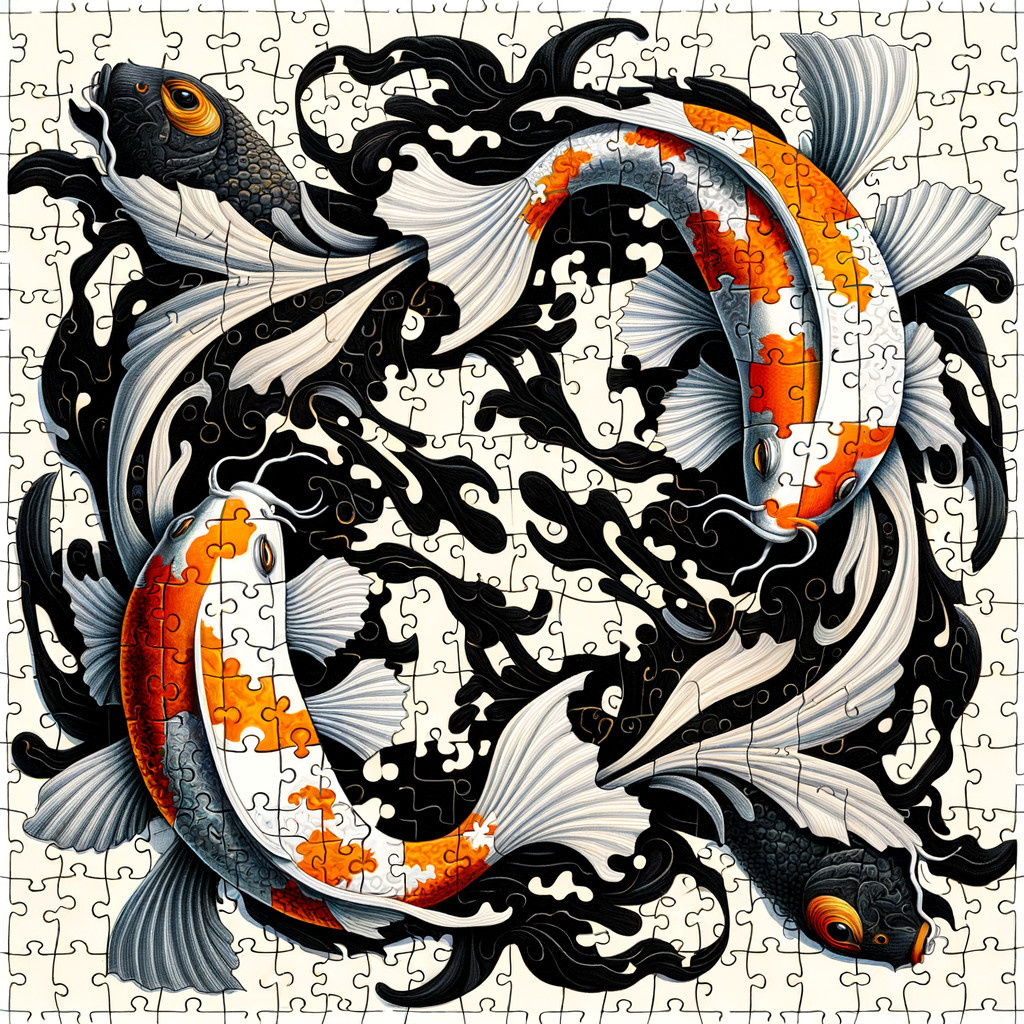 Vibrant Koi Fish Puzzle Design with Black Waves