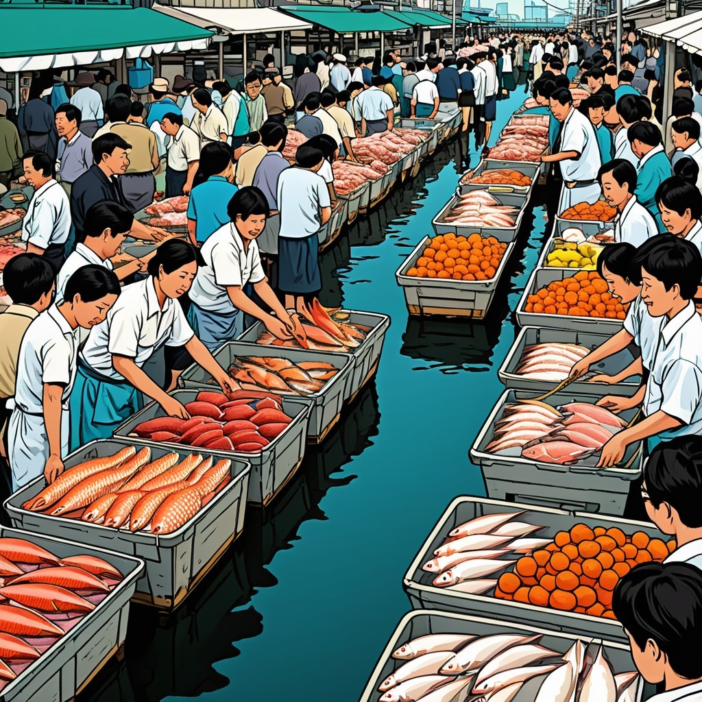 Vibrant Fish Market Scene with Fresh Produce and Trade