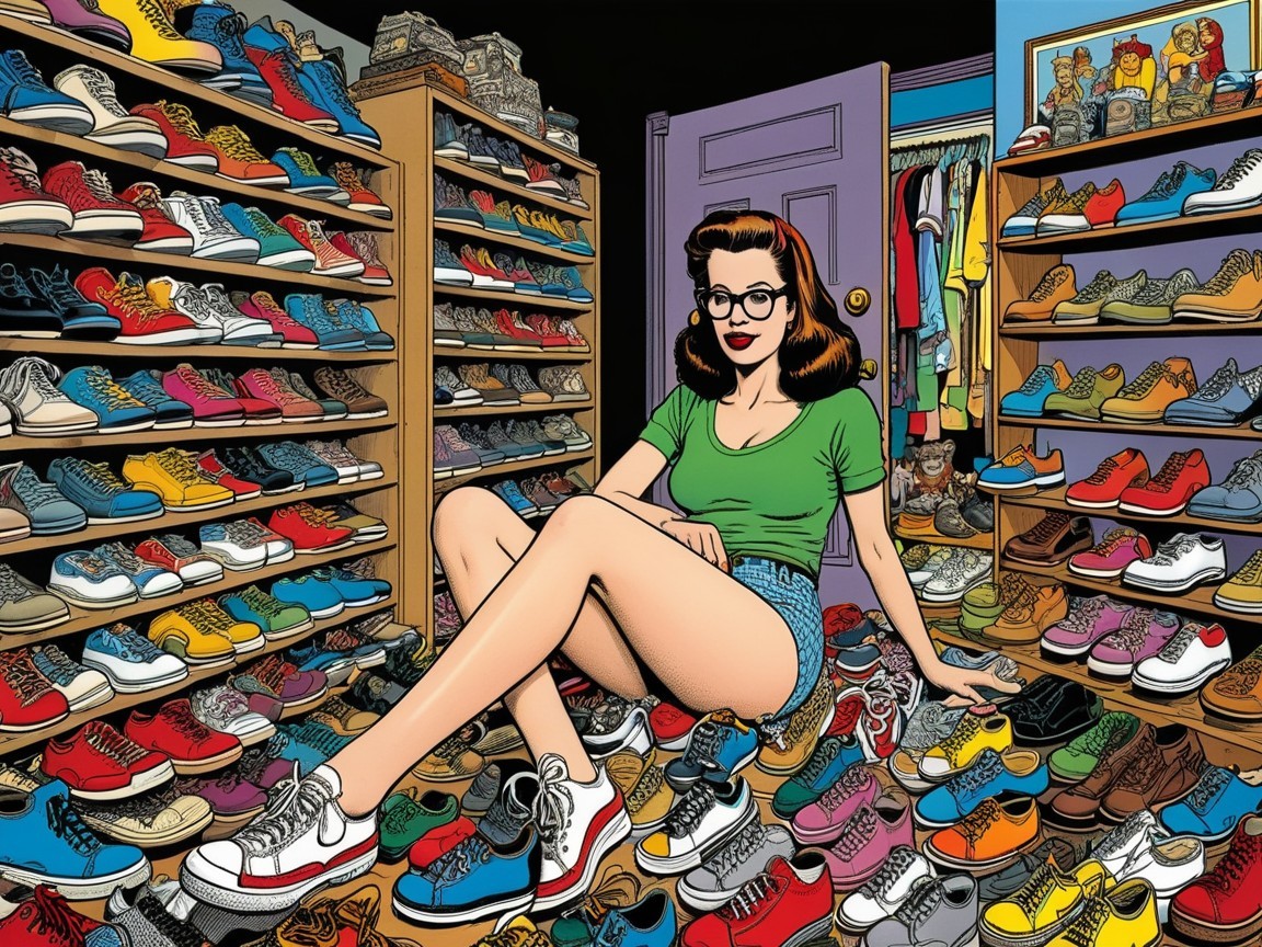 Young woman surrounded by colorful shoe collection