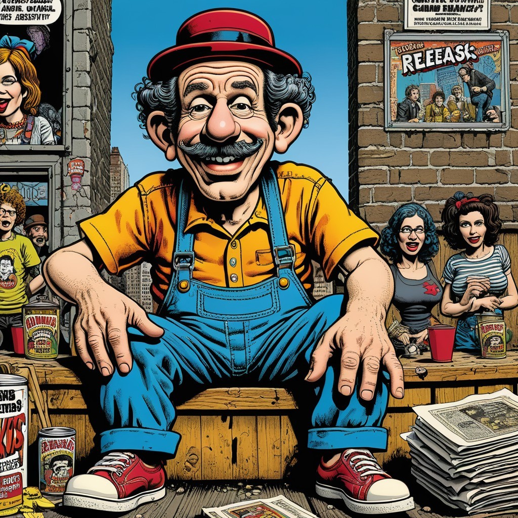 Cheerful Cartoon Man on Bench with Diverse Crowd