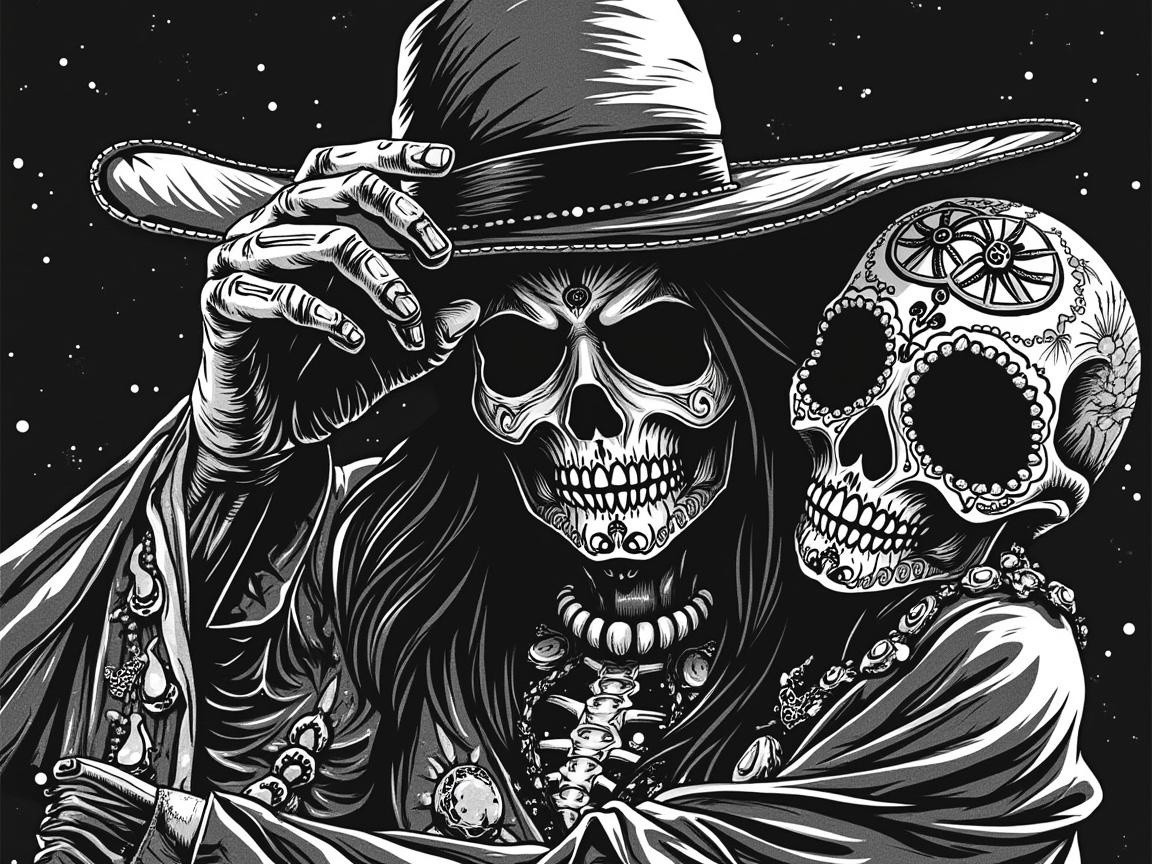 Stylized Skeletons with Intricate Decorative Patterns