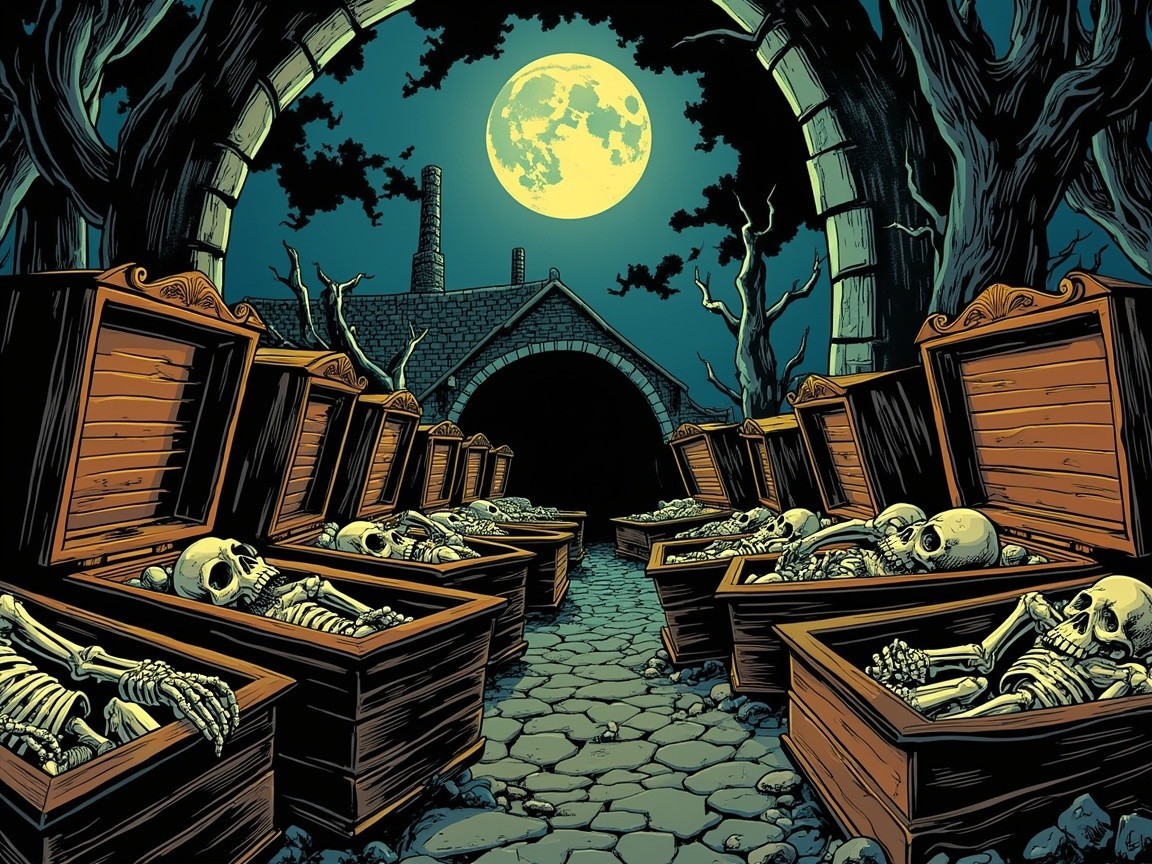 Eerie Graveyard Scene with Open Coffins and Moonlight