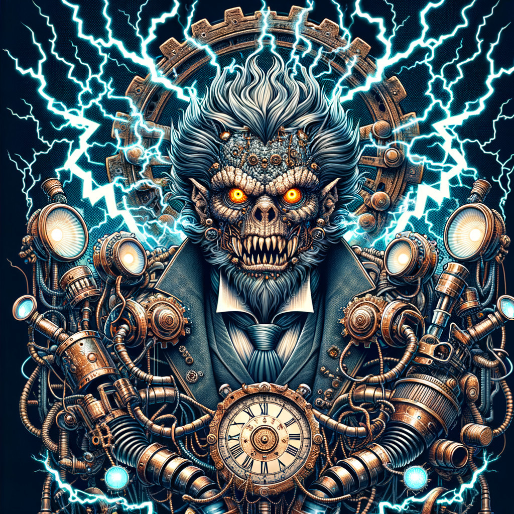 Humanoid figure with skull face and steampunk attire