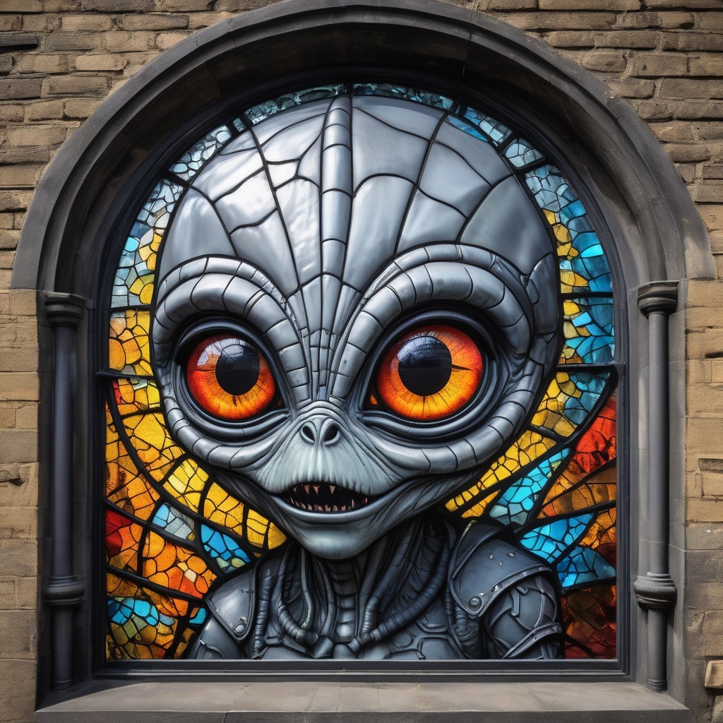 Stained Glass Window of Cartoonish Alien Design