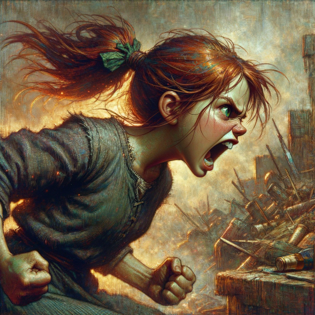 Young girl with red hair expressing intense anger