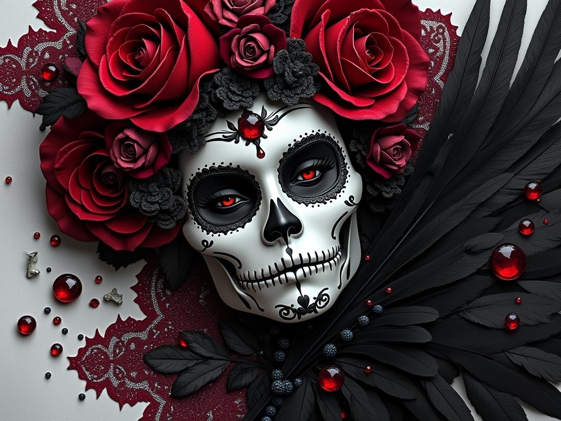 Intricate Sugar Skull with Roses and Lace Backdrop