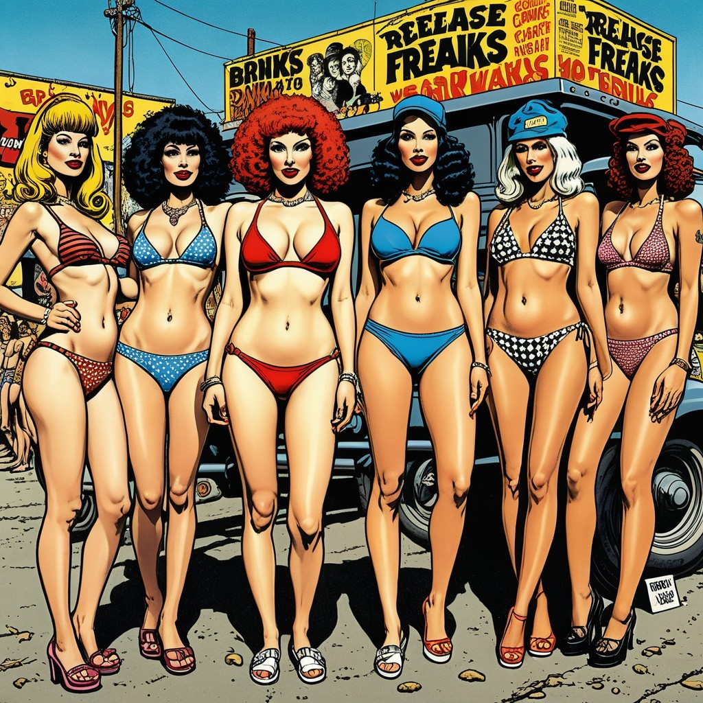 Retro Scene of Women in Vibrant Bikinis and Ads