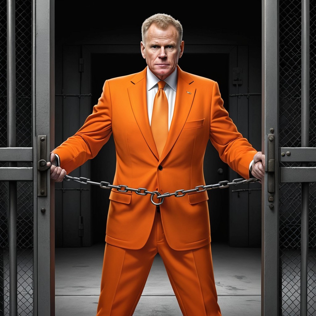 Man in Orange Suit with Prison Doors in Dark Setting