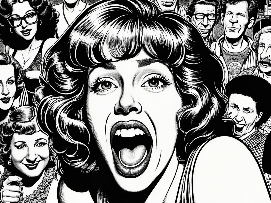 Black and white illustration of joyful woman and diverse faces