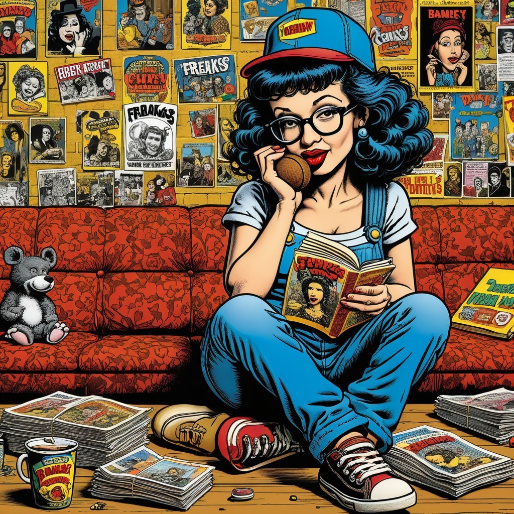 Young Woman Reading Comic on Red Couch with Vintage Decor