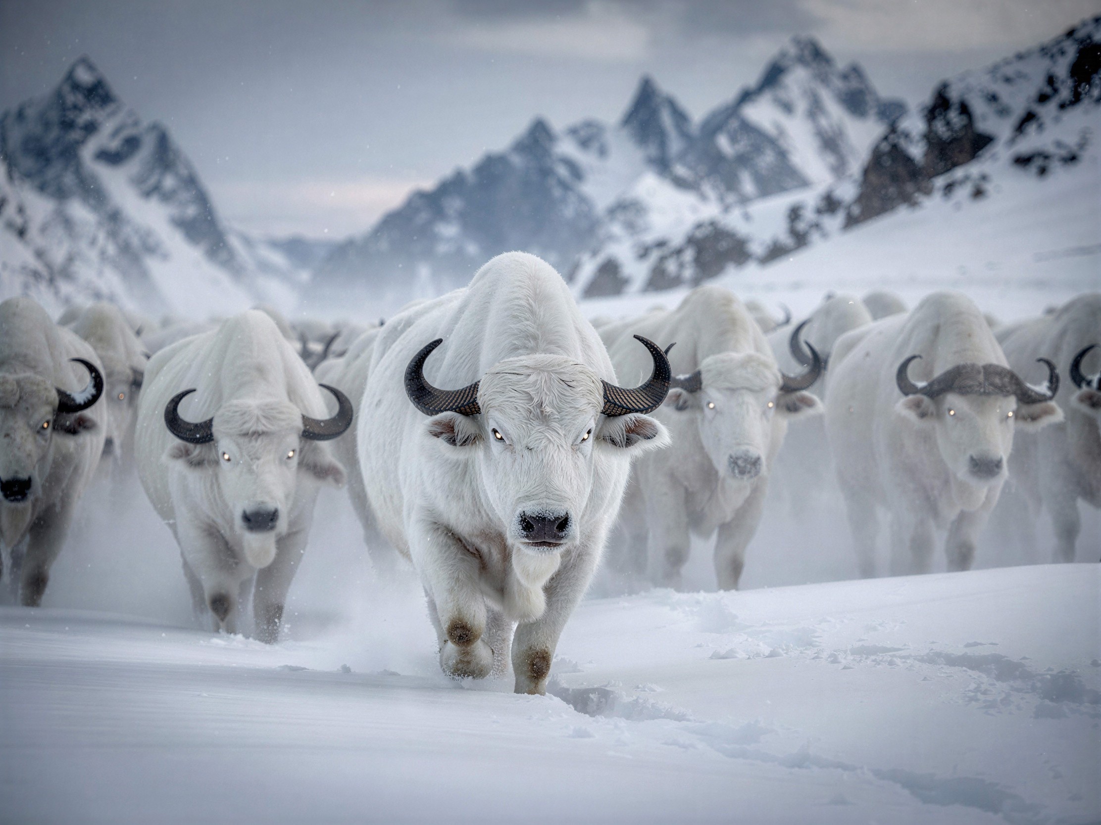 Herd of White Buffalo in Snowy Mountain Landscape