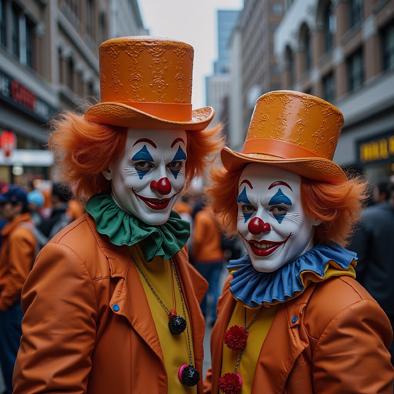 Cheerful Clowns in Colorful Outfits on Busy Street