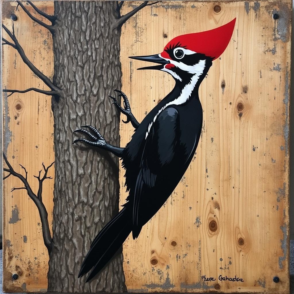 Vibrant Illustration of a Pileated Woodpecker on Tree