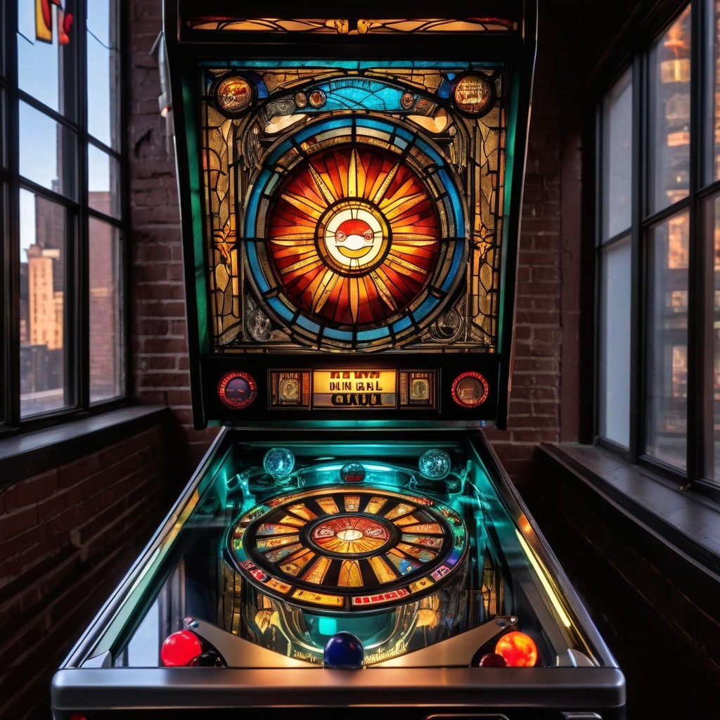 Vibrant Pinball Machine with Stained Glass Designs