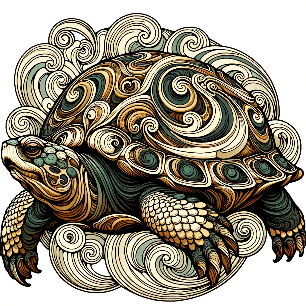 Illustration of a turtle among intricate swirling waves