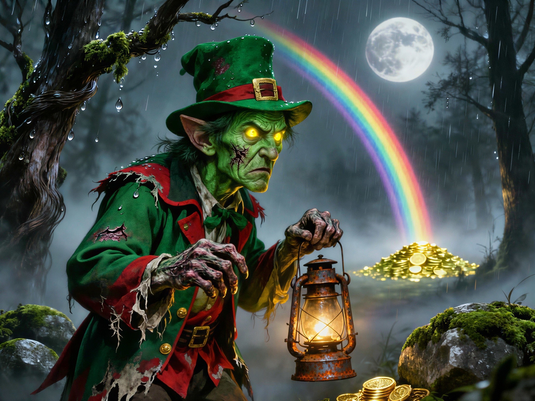 Zombie Leprechaun in Rainy Forest with Rainbow and Gold