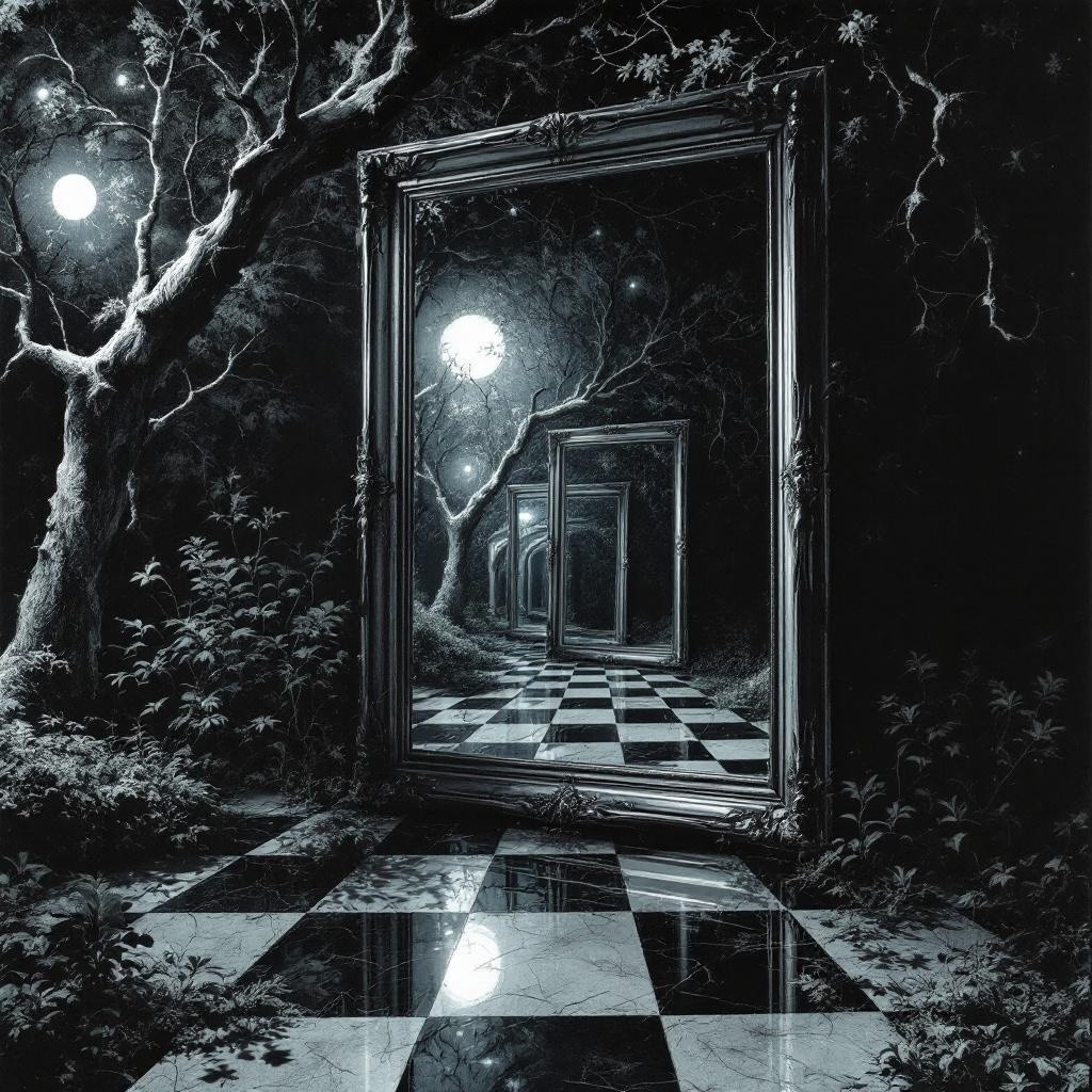 Surreal Dark Landscape with Ornate Reflective Mirrors