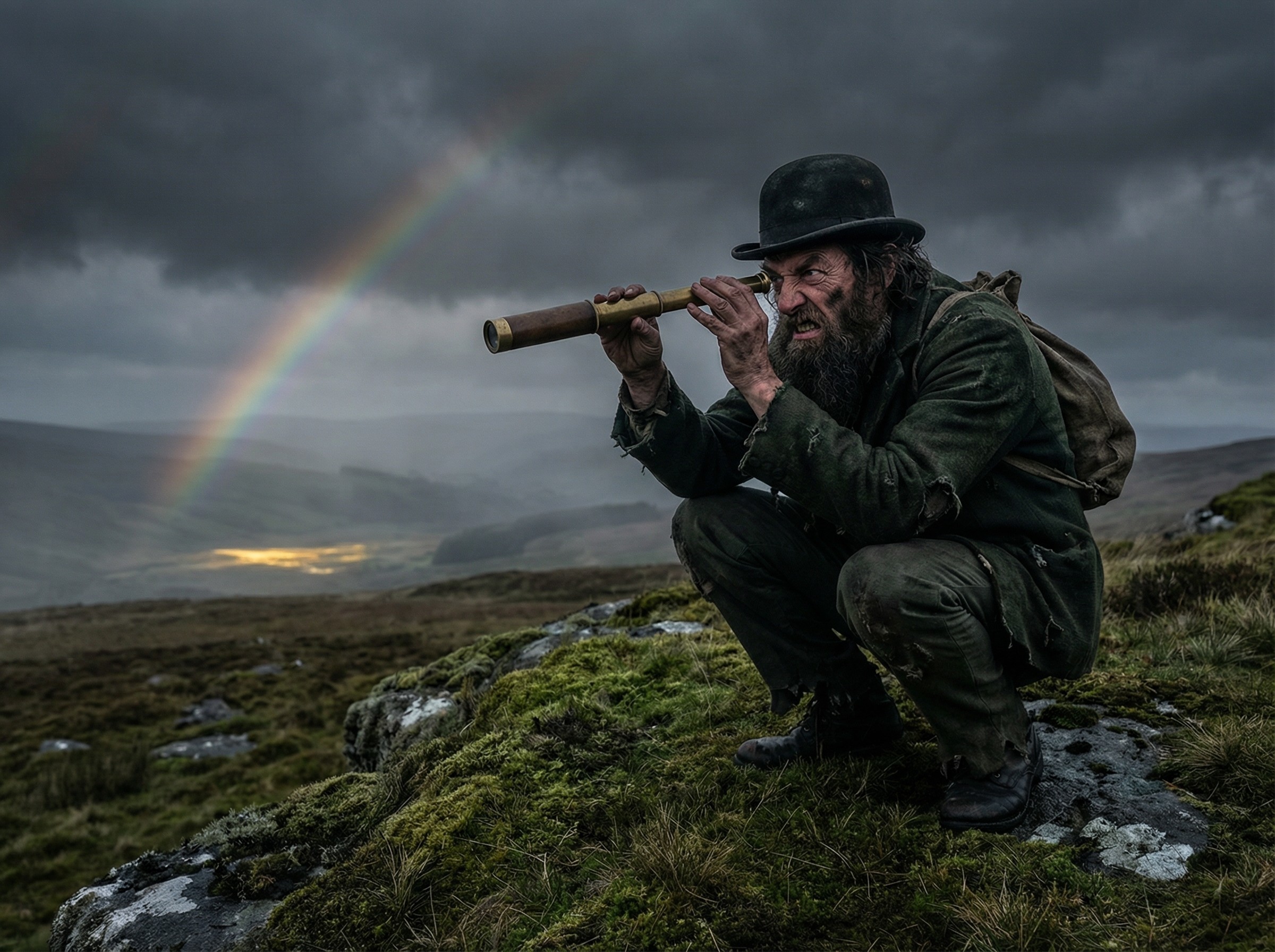 Bearded Man with Telescope on Mossy Hillside Landscape