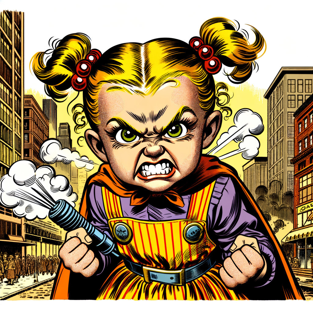 Furious Cartoon Girl in City with Toy Ray Gun