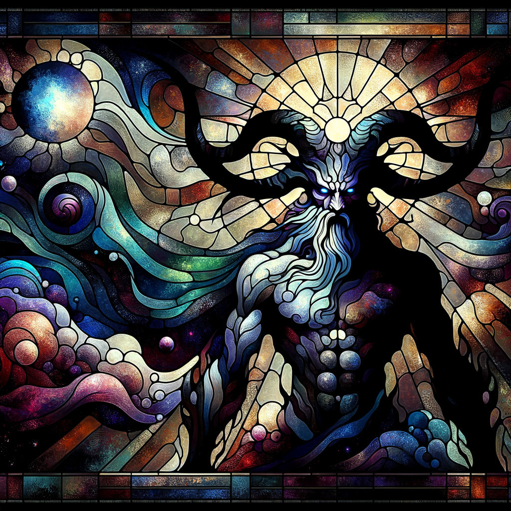 Vibrant Stained Glass Cosmic Figure with Celestial Elements