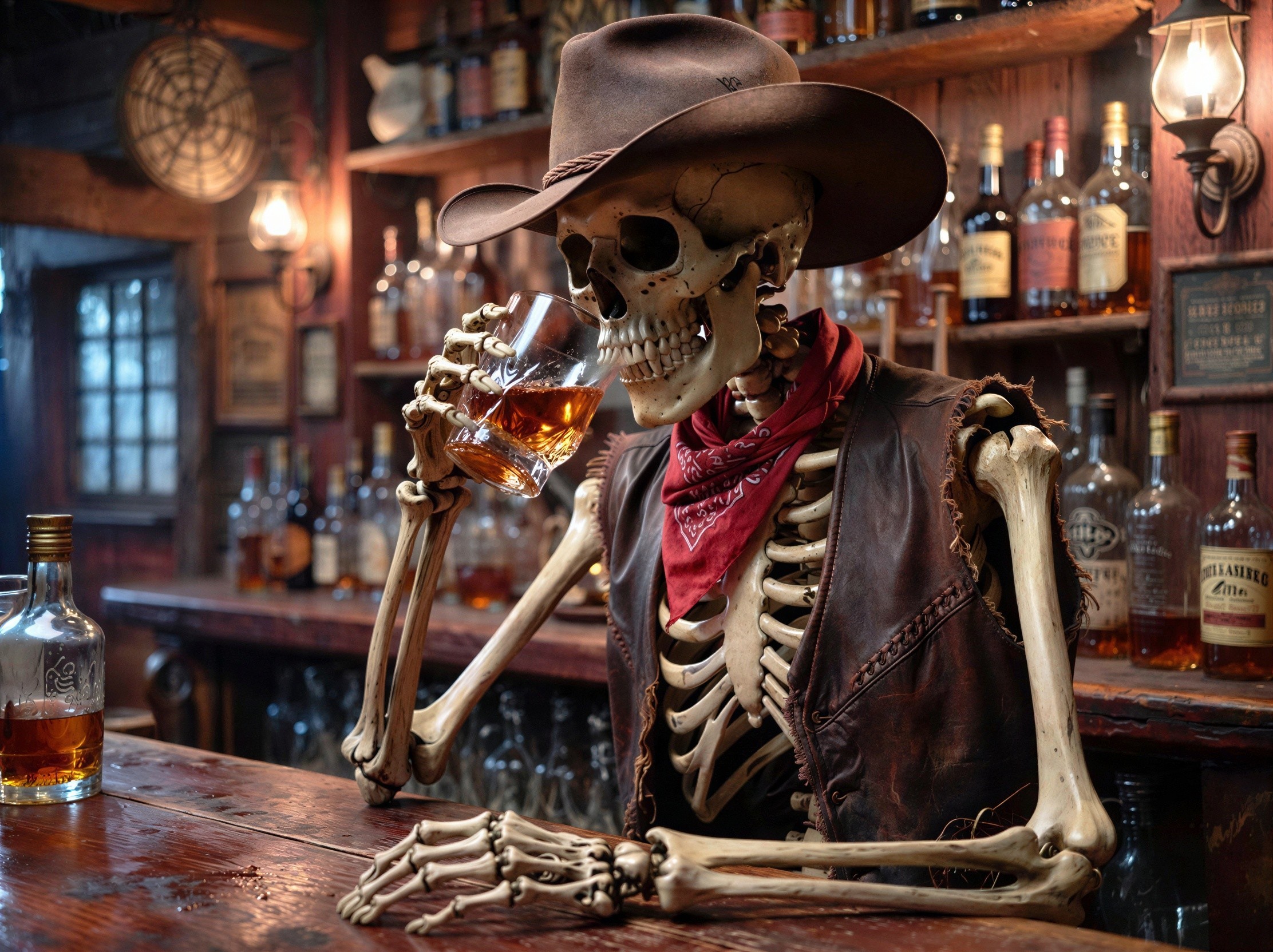 Skeleton in Cowboy Hat at a Rustic Bar Setting