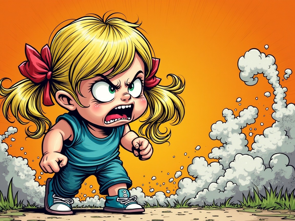 Fierce Girl with Pigtails Stomping on a Path