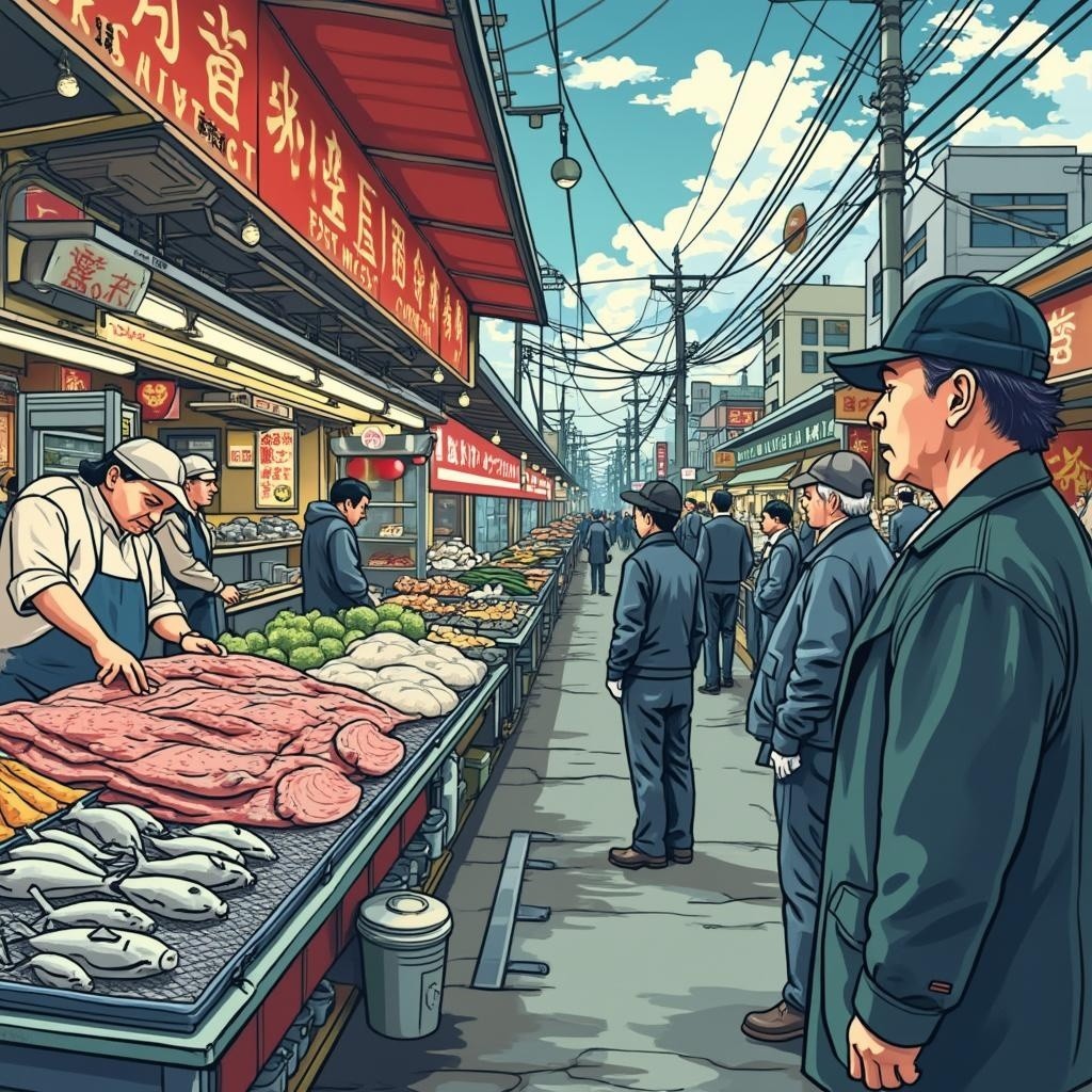 Market Street with Vendors Selling Fresh Produce and Meats