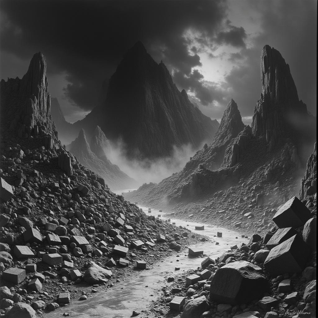Dramatic Grayscale Landscape with Jagged Mountains