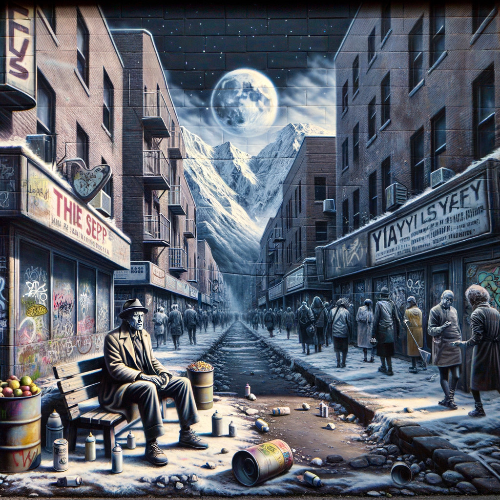 Urban Street Scene with Graffiti and Mountain Backdrop