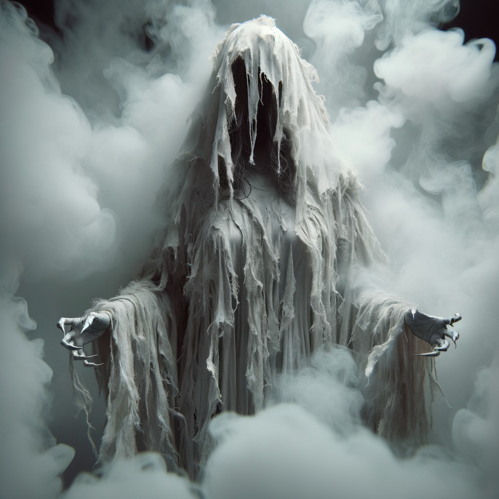 Ghostly Figure in Tattered Fabric Amidst Misty Clouds