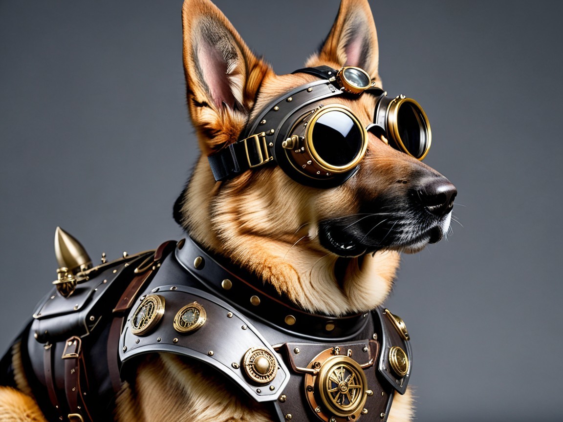 German Shepherd in Stylish Steampunk Dog Outfit